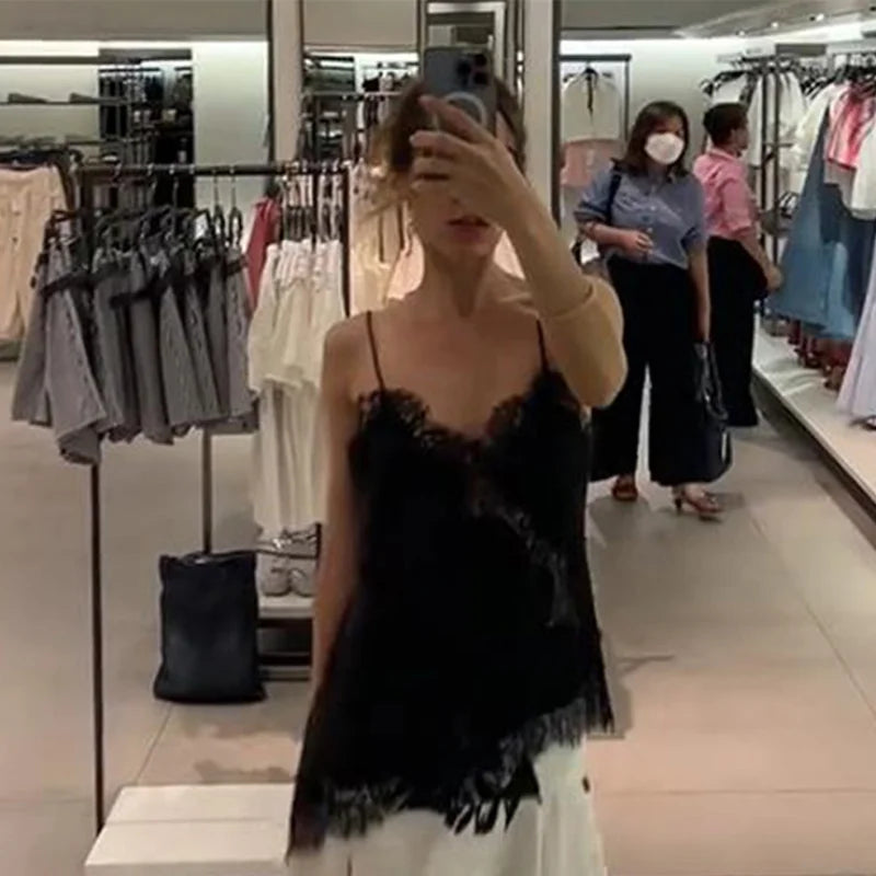 Elegant Satin Lace Patchwork Top Women O-neck Loose Long Sleeves Strappy Female shirt 2026 Spring Autumn Chic Lady T-shirt