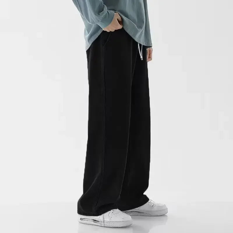 Light Wash Men's Drawstring Jeans Loose Straight Leg Floor-Length Trendy Casual Wide Leg Long Trousers Comfortable Fit