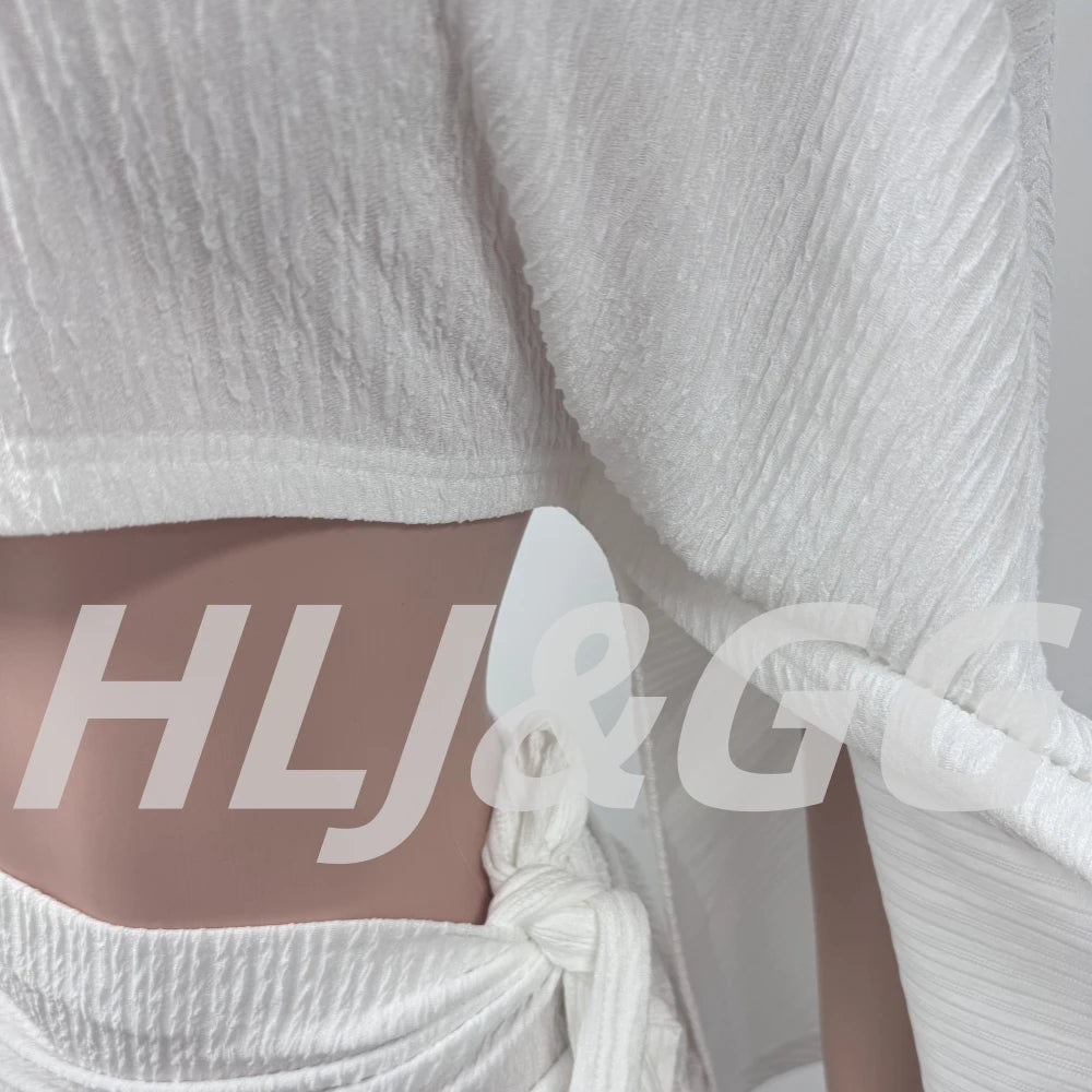 HLJ Elegant Off Showlder Two Piece Outfits Woman Summer One Shoulder Flared Sleeve Loose Crop Top and Skirt Suit Streetwear New