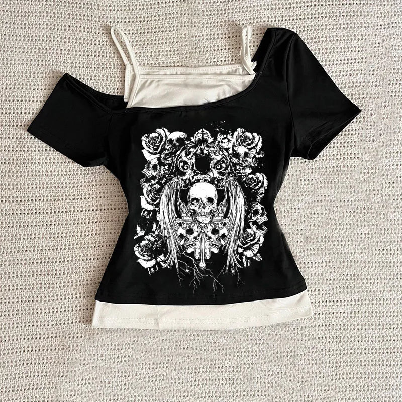 Retro gothic Fake Two-piece Printed T-shirt Women summer Y2K Streetwear Hot Girl Slim Off Shoulder Millennium Harajuku Casual