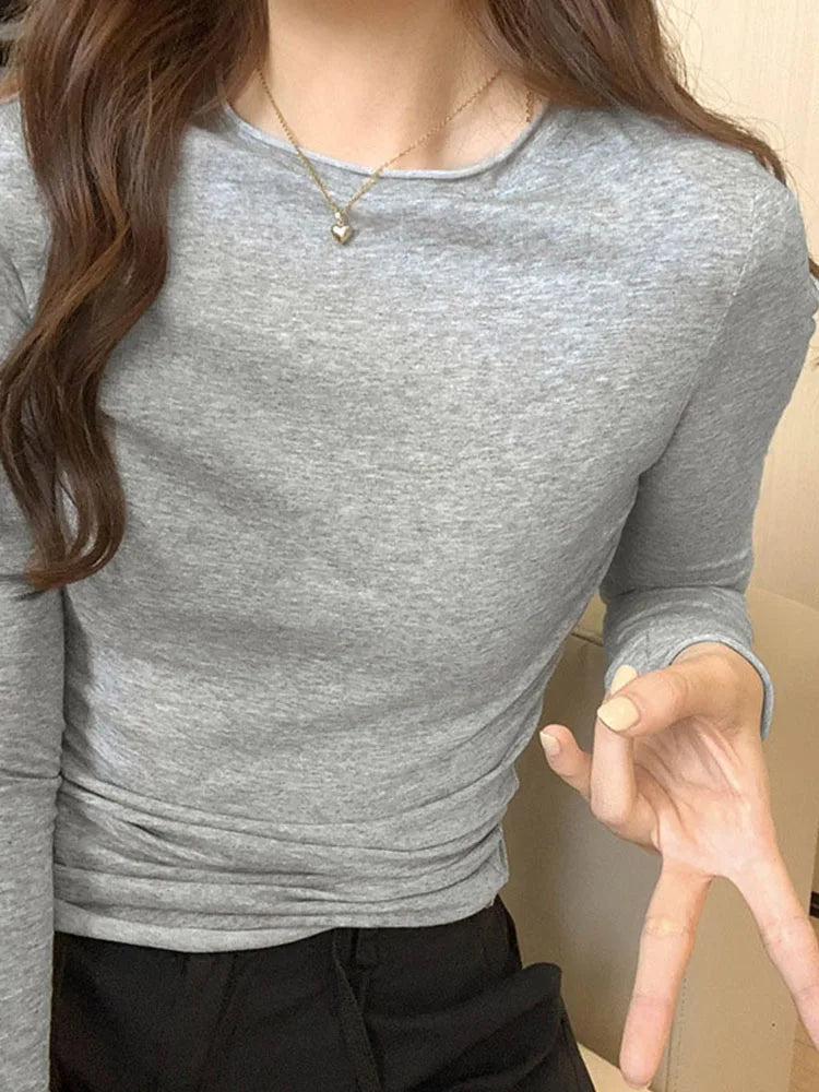 2025 Spring/Summer T-shirt Women's Top Solid Color Slimming Long Sleeve Round Neck T-shirt Women's Casual T-shirt Street Wear