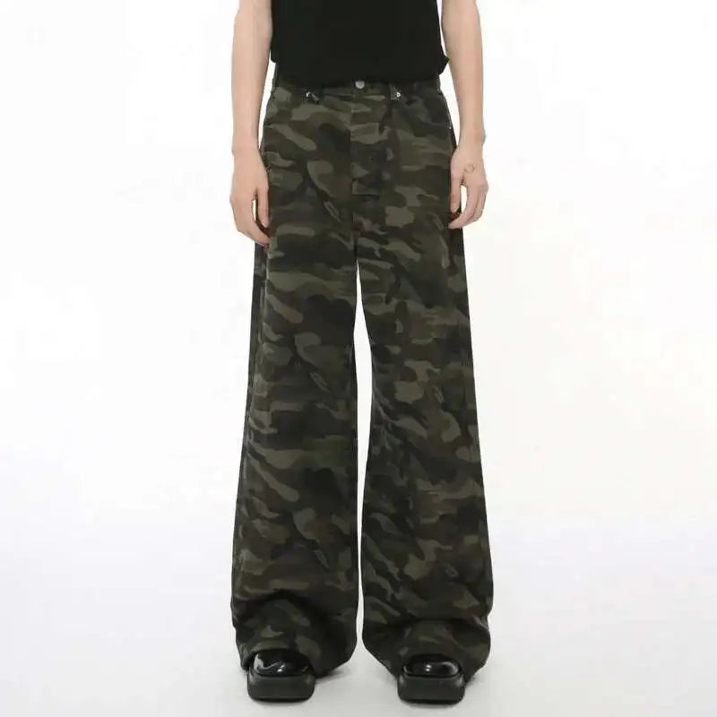 IEFB Vintage Camouflage Men's Jeans Fashion Washed Casual Wide Leg Denim Pants Autumn Winter Loose Male Trousers Old Blue 9C354