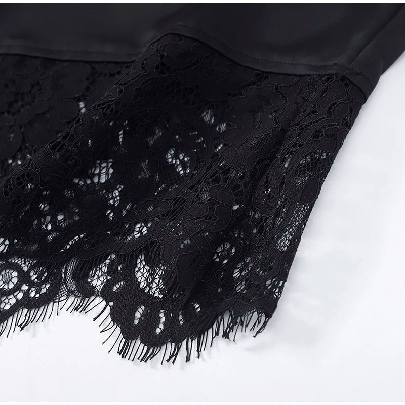 Elegant Satin Lace Patchwork Top Women O-neck Loose Long Sleeves Strappy Female shirt 2026 Spring Autumn Chic Lady T-shirt