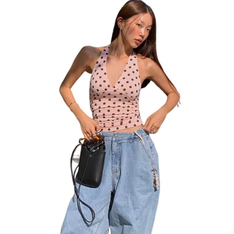 Weird Puss Polka Dot Print Vest Women Y2K Lace-Up Backless Halter v-Neck Skinny Summer Trend Daily  Street Basic Chic Tank Tops