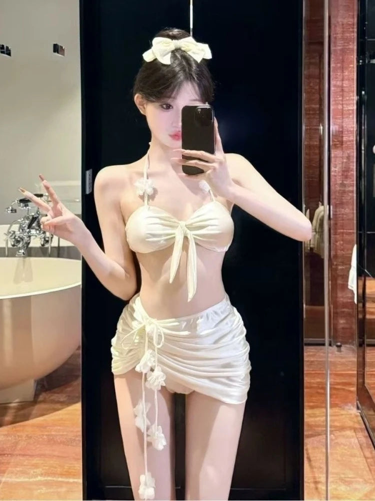 2026 Y2k Summer Cute Pink Sweet Patchwork Sets Cute Bow Design Sexy Lace-up Style Casual Bikini Swimsuit Beach Vaction Clothes