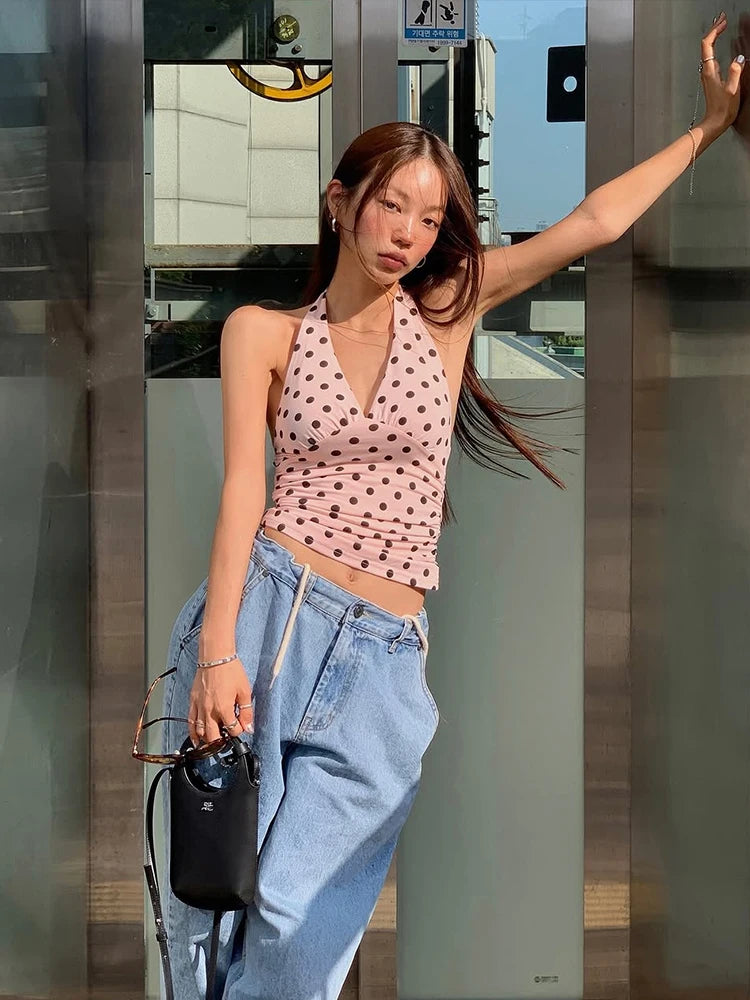 Weird Puss Polka Dot Print Vest Women Y2K Lace-Up Backless Halter v-Neck Skinny Summer Trend Daily  Street Basic Chic Tank Tops