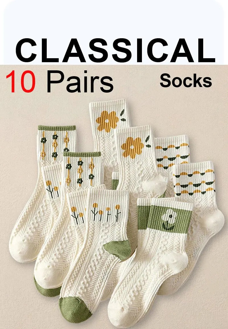 10 Pairs Women Cartoon Socks Creative Fashionable Printed Socks Soft Comfortable Lightweight Green Bottomed Midlength Socks