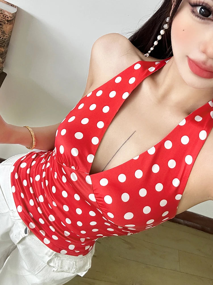 Weird Puss Polka Dot Print Vest Women Y2K Lace-Up Backless Halter v-Neck Skinny Summer Trend Daily  Street Basic Chic Tank Tops