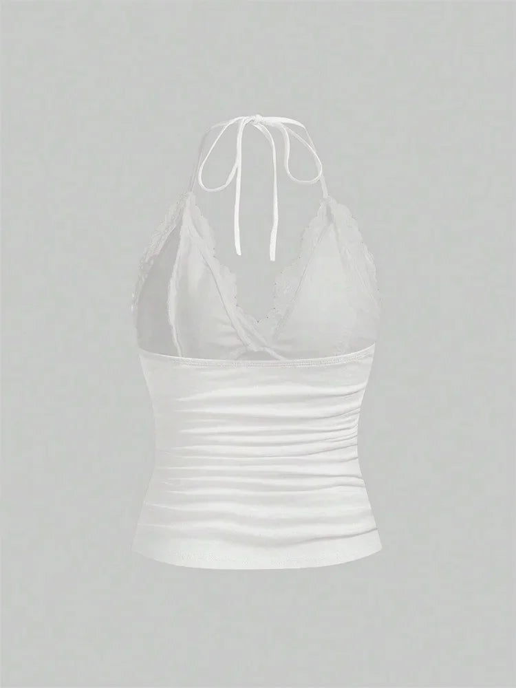 Goth Grunge Punk Black Lace Patchwork Halter Top Women Summer Solid Ruched Backless Sleeveless Tank Top Streetwear Y2K Clothes