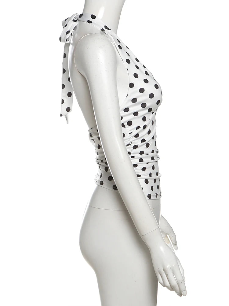 Weird Puss Polka Dot Print Vest Women Y2K Lace-Up Backless Halter v-Neck Skinny Summer Trend Daily  Street Basic Chic Tank Tops