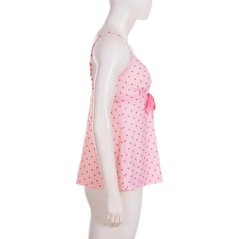 SUCHCUTE Chic Sweet Cute Polka Dot Print Bow Lace-up Camisole Women V Neck Sleeveless Crop Top Y2k Streetwear Slim Tanks Summer