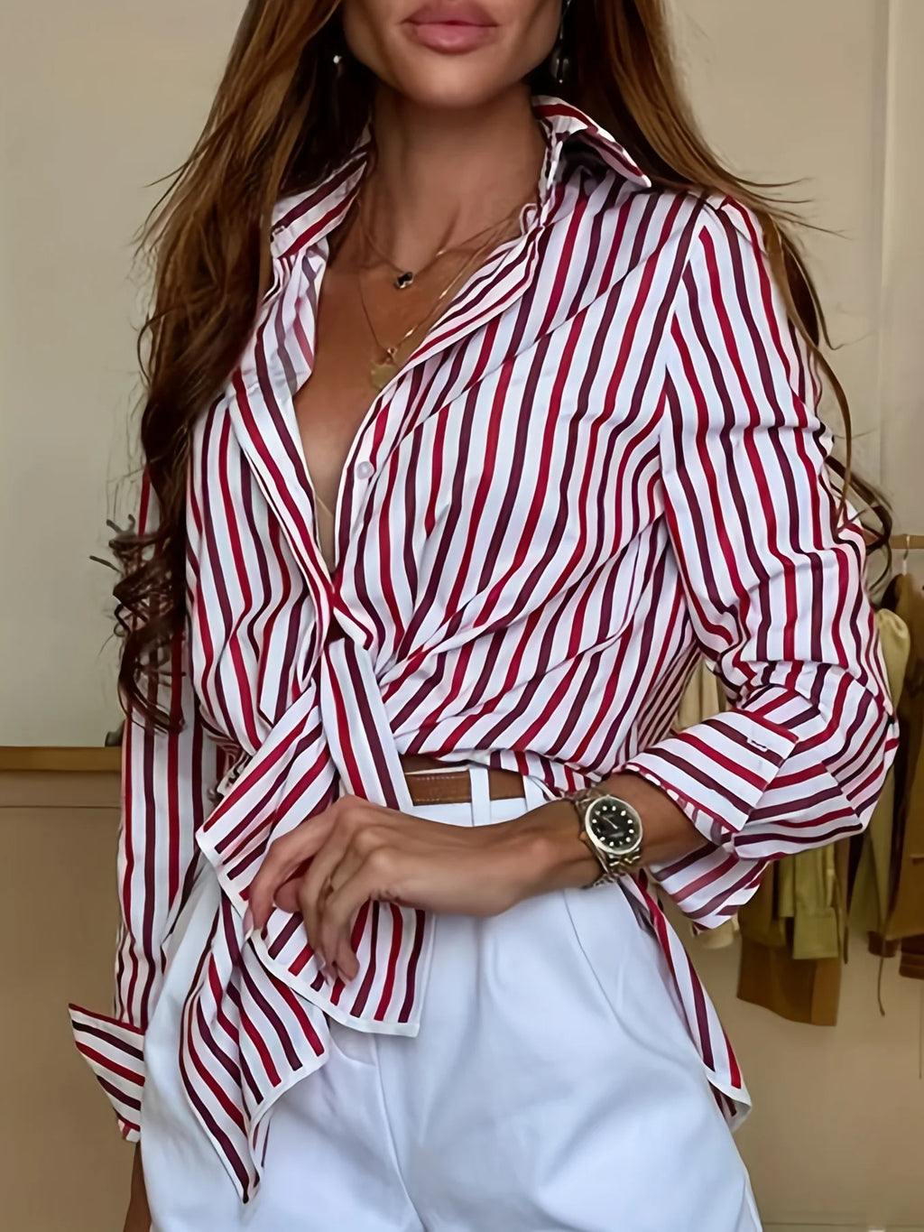 Women's Red & White Striped Button Down Shirt Long Sleeve Casual Blouse
