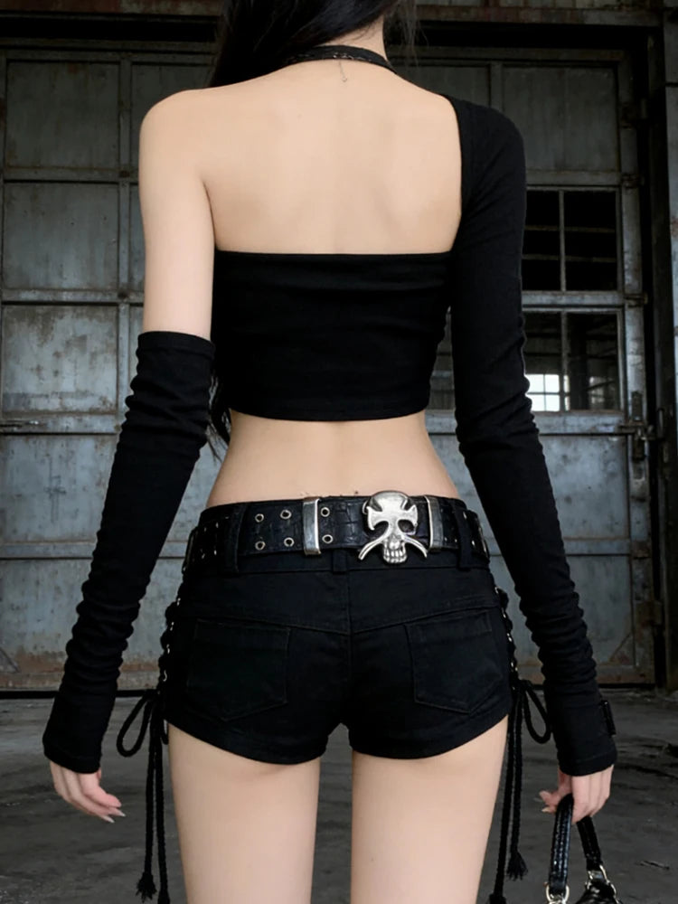 Women's Black Gothic Denim Shorts Vintage Aesthetic Korean Low Waist Jean Shorts Harajuku Y2k Cowboy Short Pants Clothes Summer