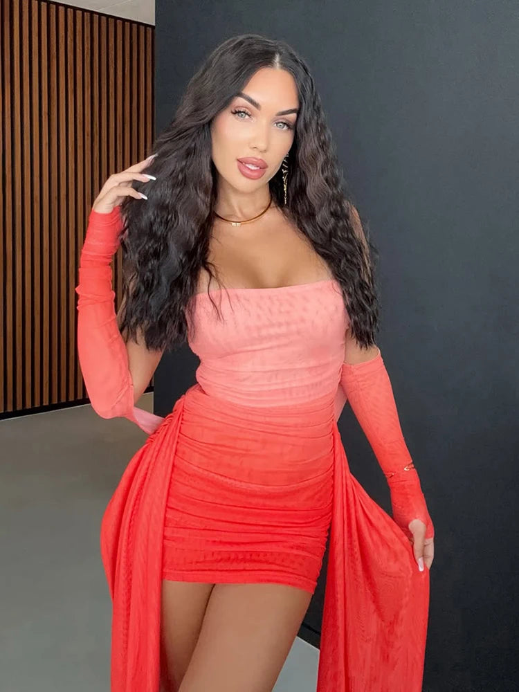 kliou Mesh Simple Women Mini Dress Fashion Solid Strapless Ribbons Tassel Body-shaping Vestidos+Seperately Full Sleeve Gloves