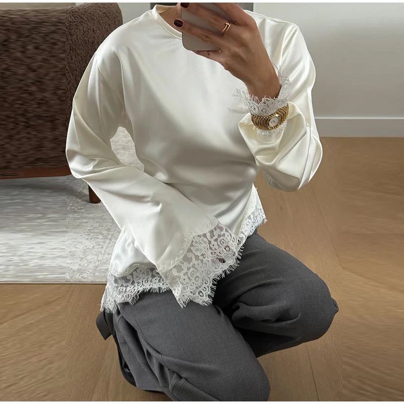 Elegant Satin Lace Patchwork Top Women O-neck Loose Long Sleeves Strappy Female shirt 2026 Spring Autumn Chic Lady T-shirt