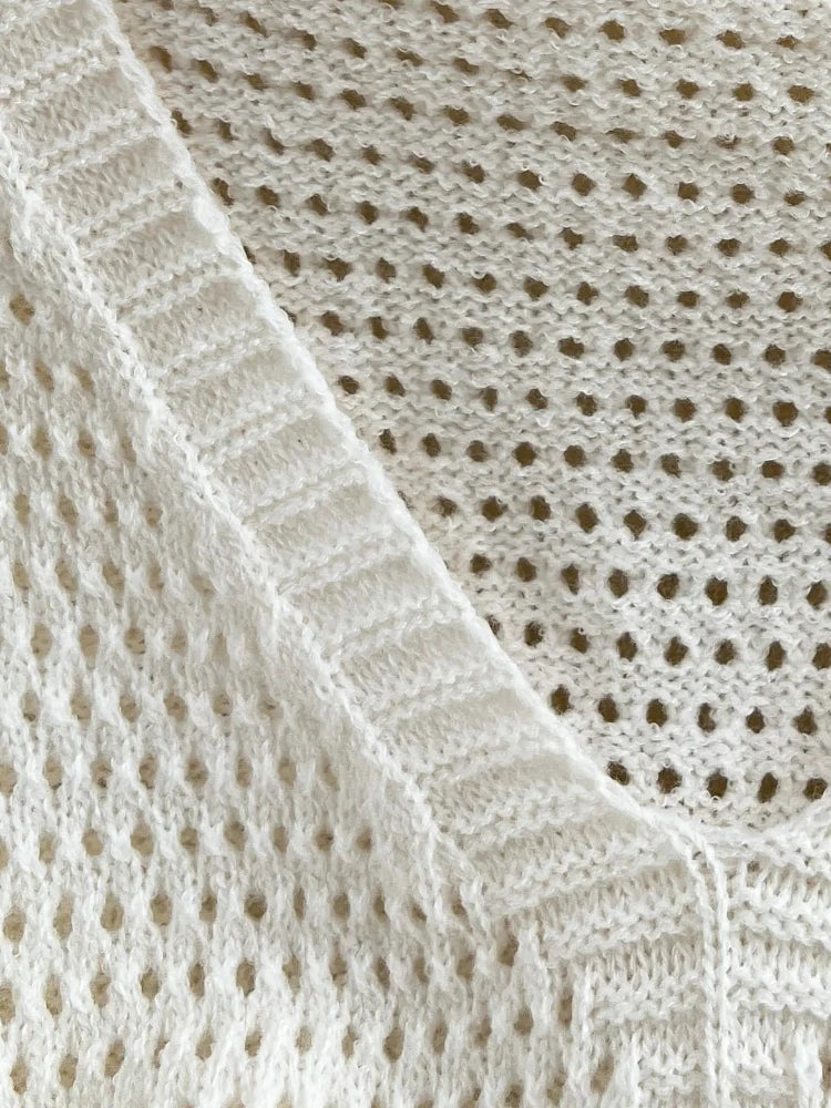 Hollow Out Knit Mini Dress Women's Sleeveless V-Neck Bodycon Short Dress Button Decor Summer Beach Vacation Sexy Dress