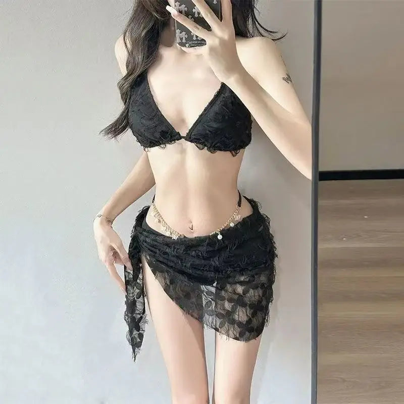 2026 Y2k Summer Cute Pink Sweet Patchwork Sets Cute Bow Design Sexy Lace-up Style Casual Bikini Swimsuit Beach Vaction Clothes