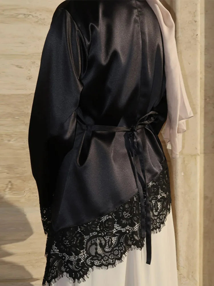 Elegant Satin Lace Patchwork Top Women O-neck Loose Long Sleeves Strappy Female shirt 2026 Spring Autumn Chic Lady T-shirt