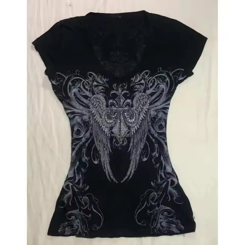 2026 European and American style Y2K slim-fitting short-sleeved printed top T-shirt, fashionable and retro women's clothing for