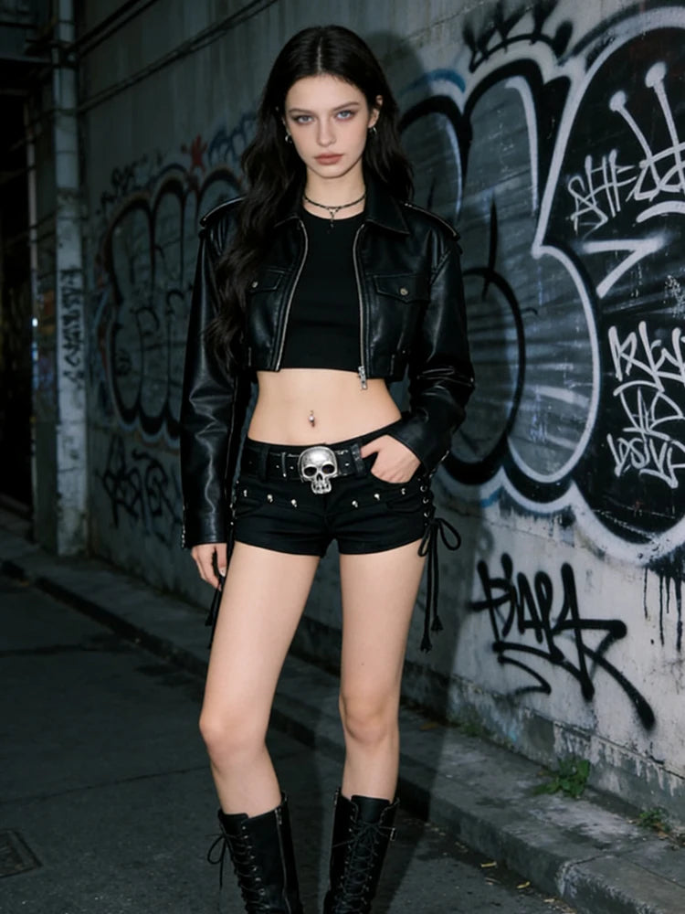 Women's Black Gothic Denim Shorts Vintage Aesthetic Korean Low Waist Jean Shorts Harajuku Y2k Cowboy Short Pants Clothes Summer