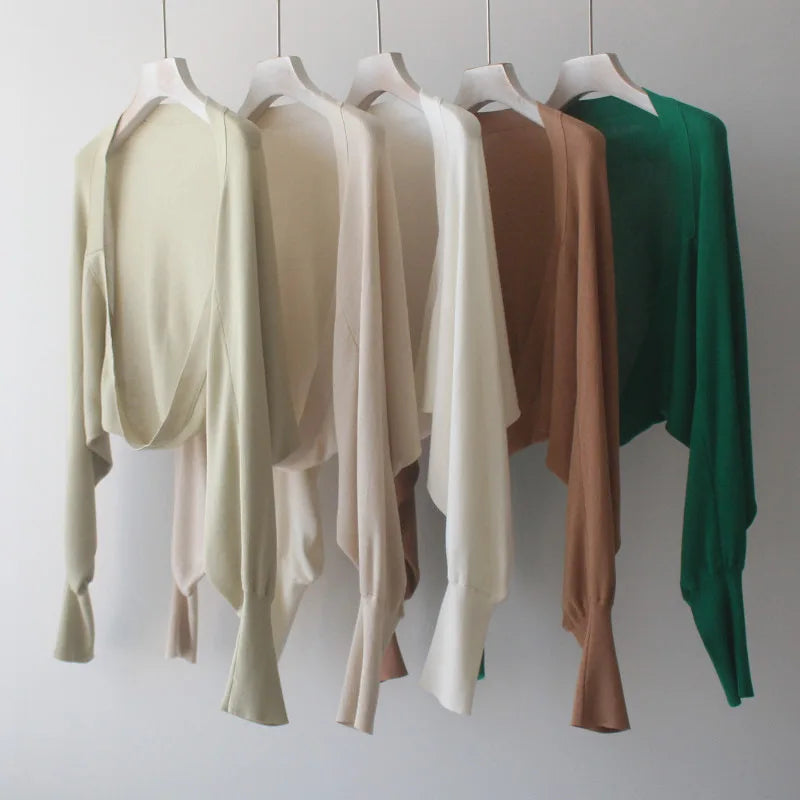 Autumn New Ice Silk Sun Protection Knitted Cardigan Strap Outer Shawl Batwing Sleeve Cover up Top Women's Fashion Trend