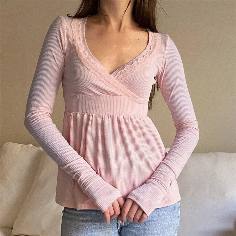 Women Y2k V Neck Lace Trim Long Sleeve Shirt Fairycore Slim Fit Ruffle Ribbed Knit Peplum Top Aesthetic Fall Clothes