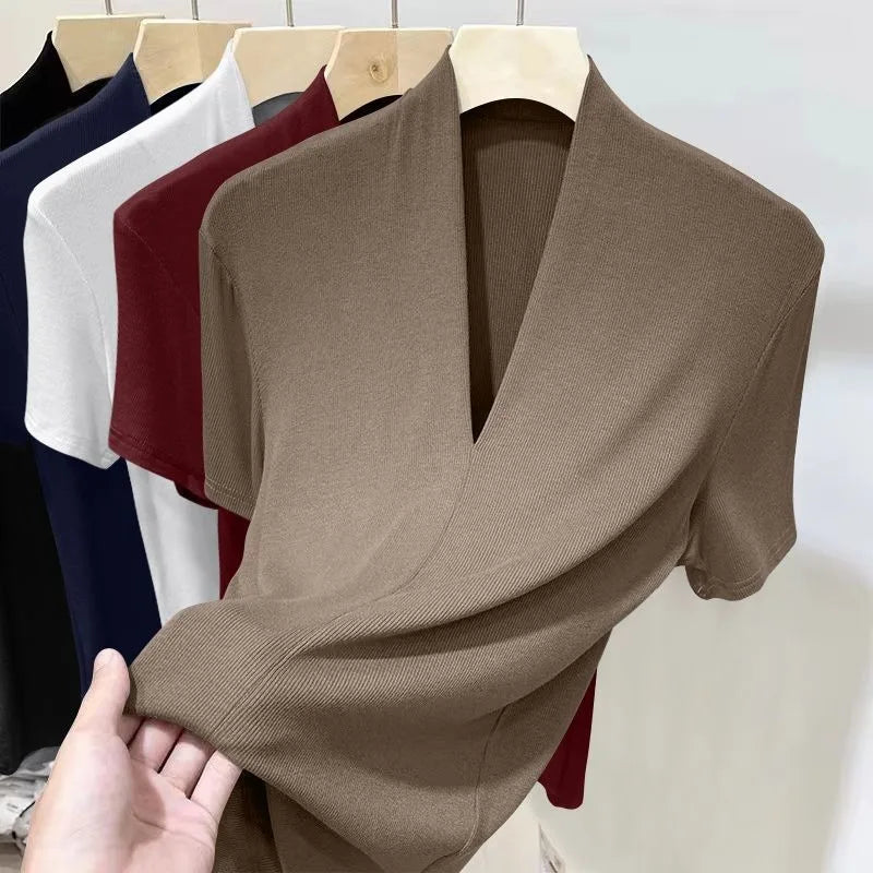 Threaded New Short Sleeved Top for Women Summer Fashion Versatile Base Shirt Plus Size Slim Fit V-neck T-shirt Casual and Sexy