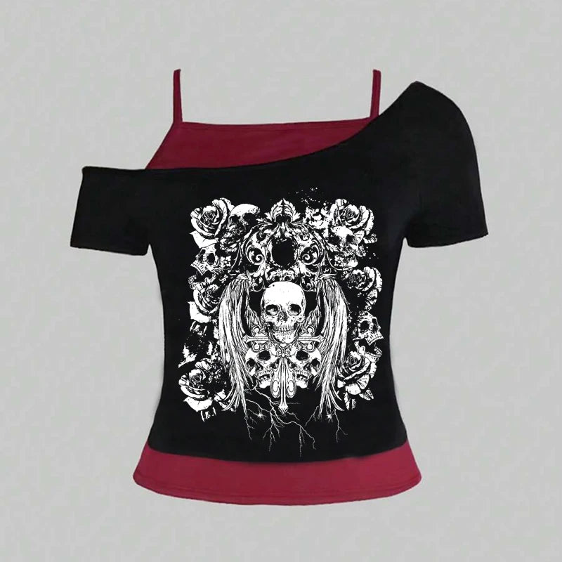 Retro gothic Fake Two-piece Printed T-shirt Women summer Y2K Streetwear Hot Girl Slim Off Shoulder Millennium Harajuku Casual
