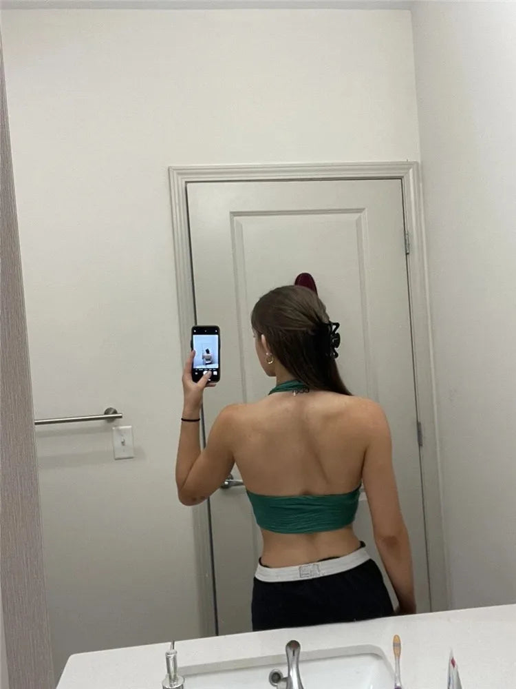 Solid White Backless Crop Halter Top Women Summer Y2K Club Grunge Clothes Deep V-neck Backless Sleeveless Tank Top Streetwear