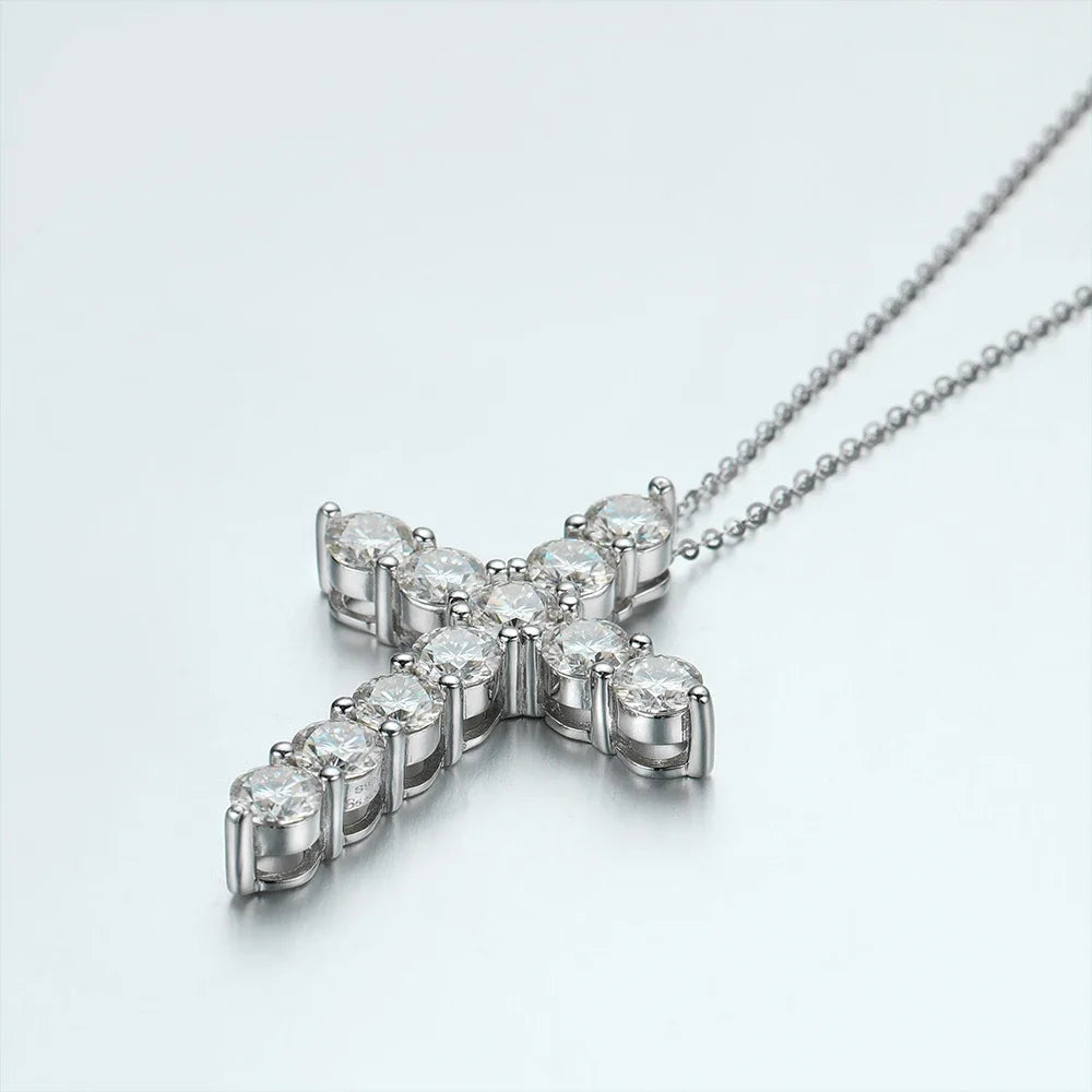 Full Moissanite Cross Pendant Necklace Original 925 Sterling Silver Chain Plated 18K White Gold Fine Necklace for Women Jewelry