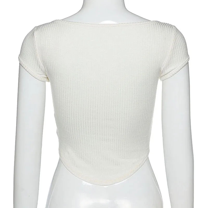 Women Summer Fashion Streetwear Sexy White Transparent Crop Tops Buttons V Neck Short Sleeve Pullover Slim T Shirts Club Party