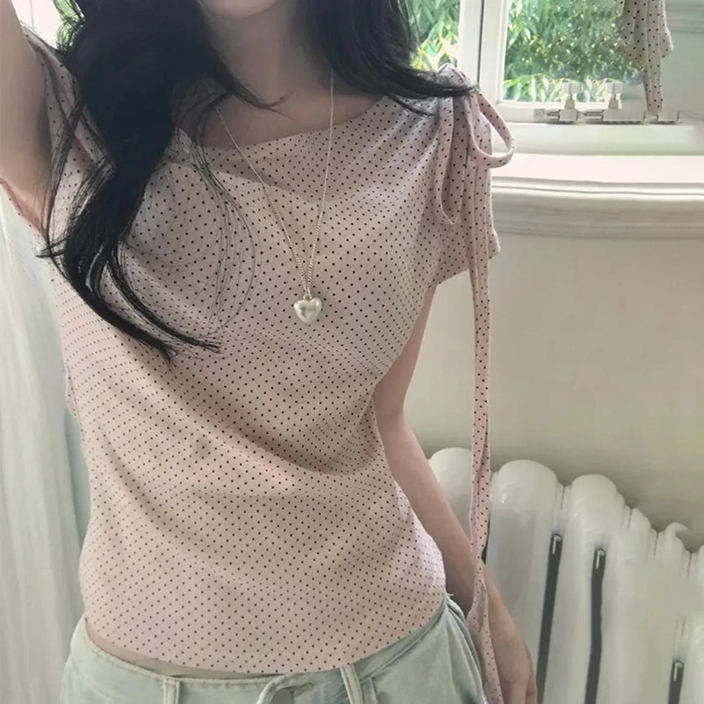Sweet Polka Dot Prints T-Shirts Fashion Women Cute Design One-Shoulder Summer Tops Casual Korean Office Lady Commute Slim Tees