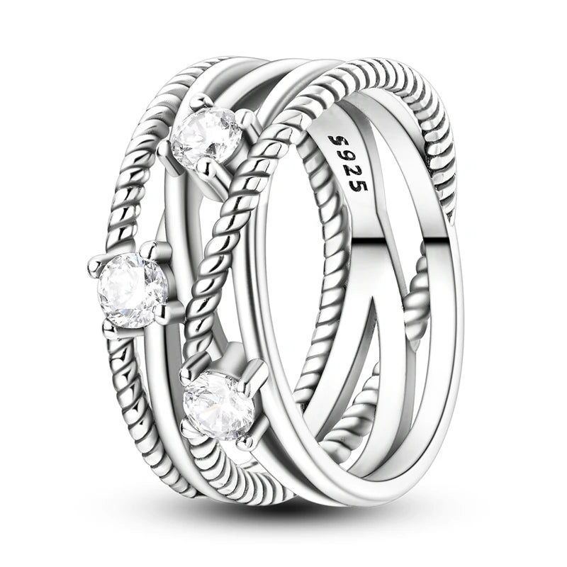 Women Silver Finger Rings for Women Original 925 Sterling Silver Cocktail Ring Geometric Cubic Zircon Heart Wedding Jewelry