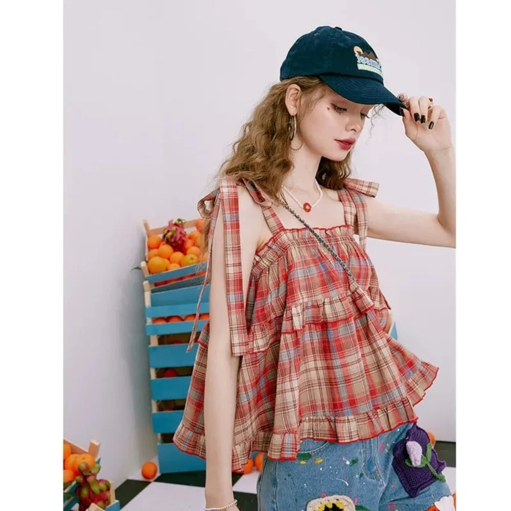 Y2K Hot Women Summer Acubi Japan Vintage Gyaru Tanks & Camis Lace Up Green Crop Top Plaid Strap Sleeveless Tank Tops Clothes