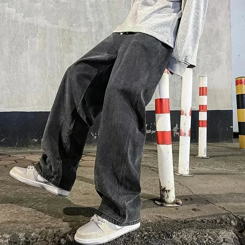 Light Wash Men's Drawstring Jeans Loose Straight Leg Floor-Length Trendy Casual Wide Leg Long Trousers Comfortable Fit