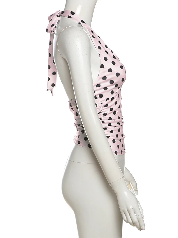 Weird Puss Polka Dot Print Vest Women Y2K Lace-Up Backless Halter v-Neck Skinny Summer Trend Daily  Street Basic Chic Tank Tops