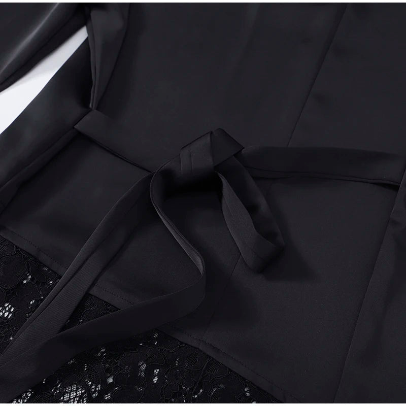 Elegant Satin Lace Patchwork Top Women O-neck Loose Long Sleeves Strappy Female shirt 2026 Spring Autumn Chic Lady T-shirt