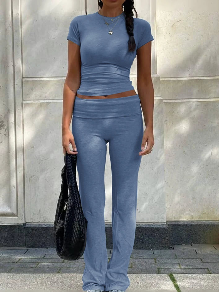 Casual Workout Two Piece Outfits for Women Short Sleeve Crop High Waist Foldover Flare Pants Tracksuit Sets Streetwear