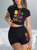 Women Slim-fit T-Shirts & Shorts 2 Pieces Interesting Collection Printing Pattern Crop Tops Fashion High Elastic Soft Clothes