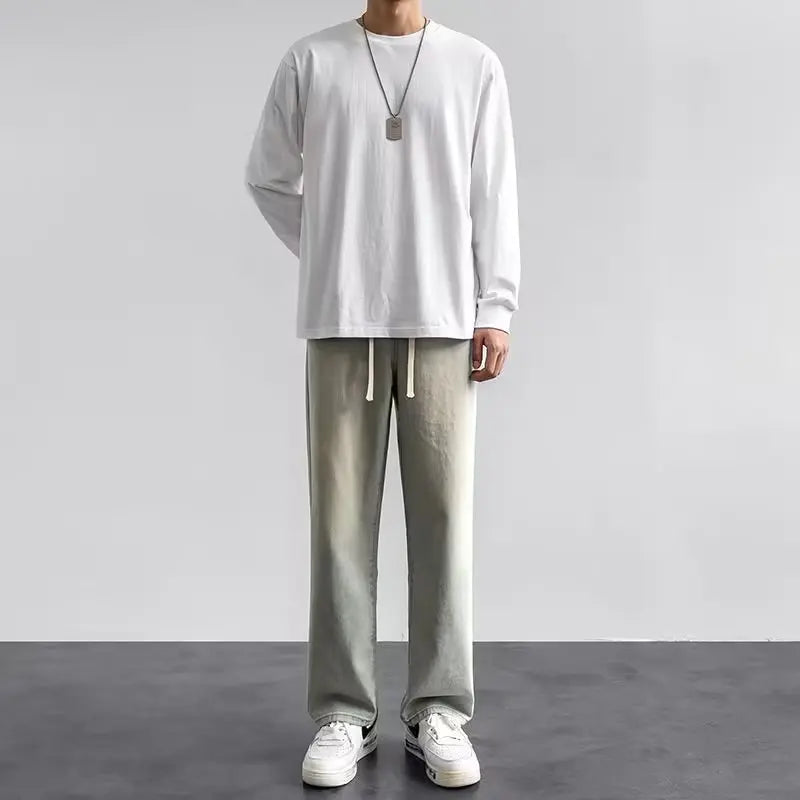 Light Wash Men's Drawstring Jeans Loose Straight Leg Floor-Length Trendy Casual Wide Leg Long Trousers Comfortable Fit