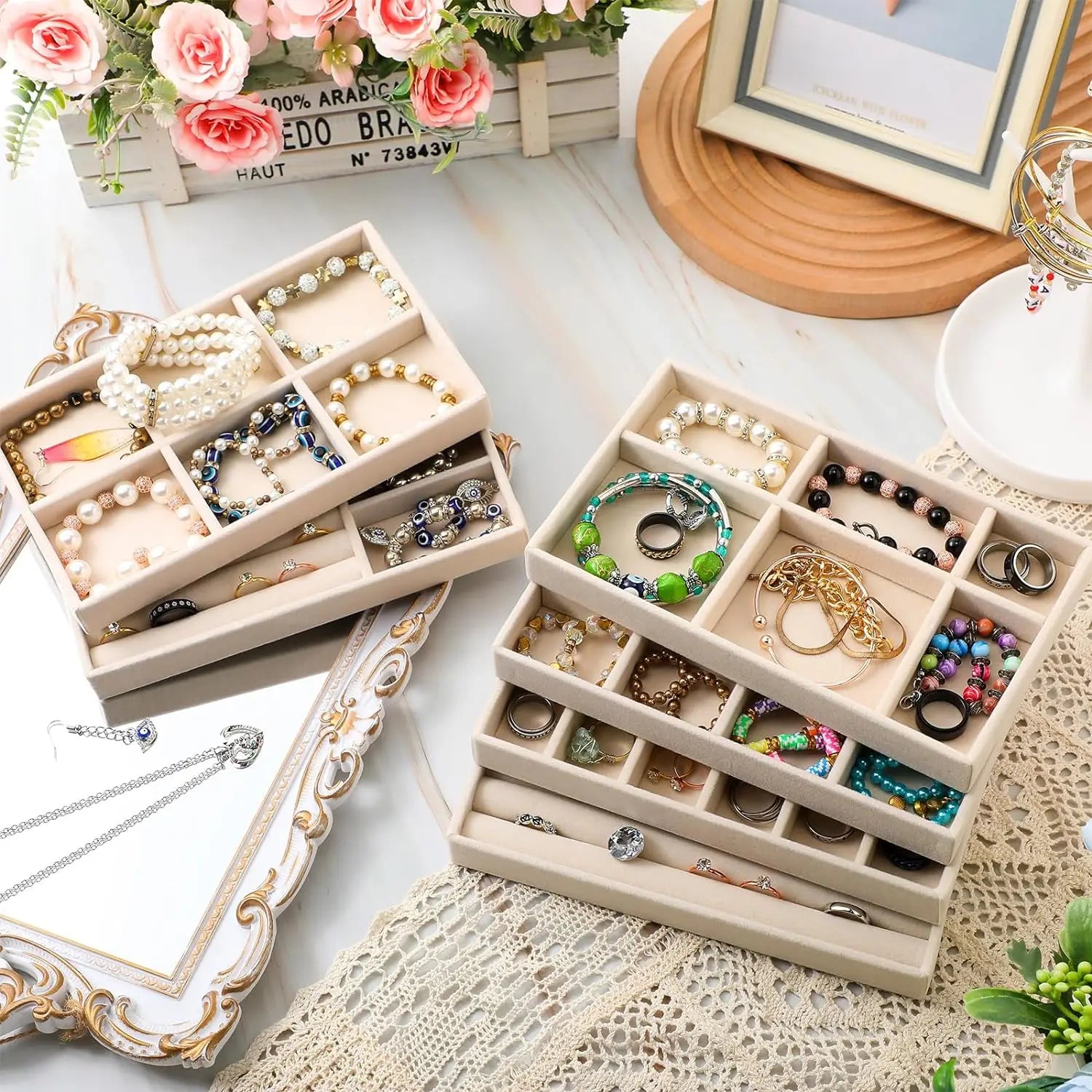 Plush jewelry storage tray, detachable tray, earrings, earrings, rings, necklaces, storage tray, drawer, partition tray